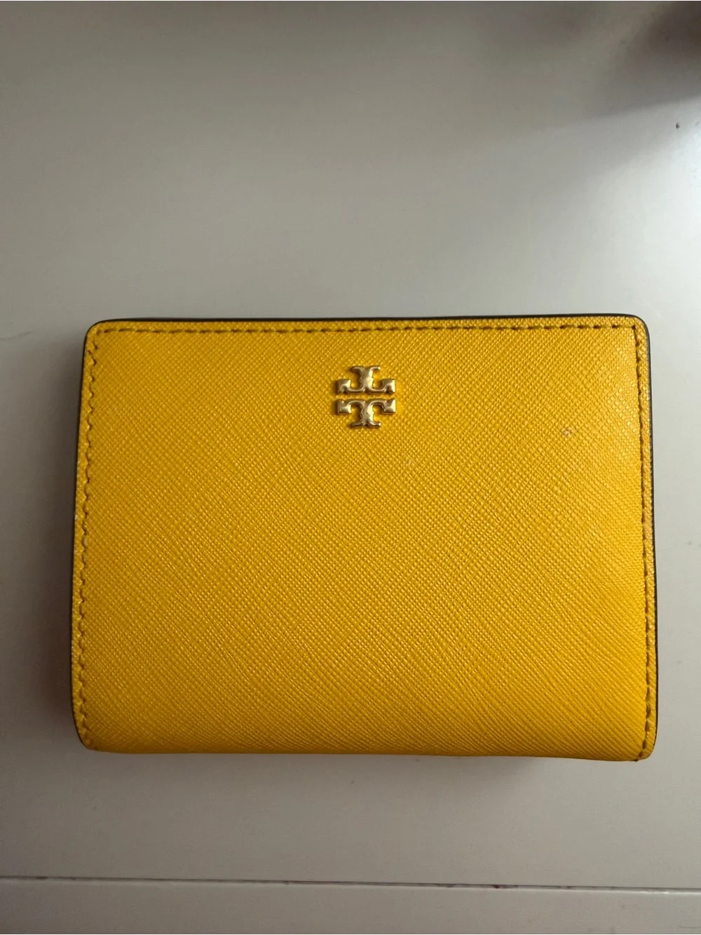 Tory Burch Yellow Saffiano Leather Bifold Wallet with Gold Logo